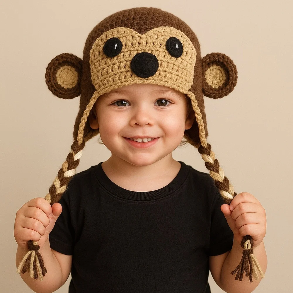 Handmade Crochet Sock Monkey‎ Earflap Hat – Multiple Sizes Available